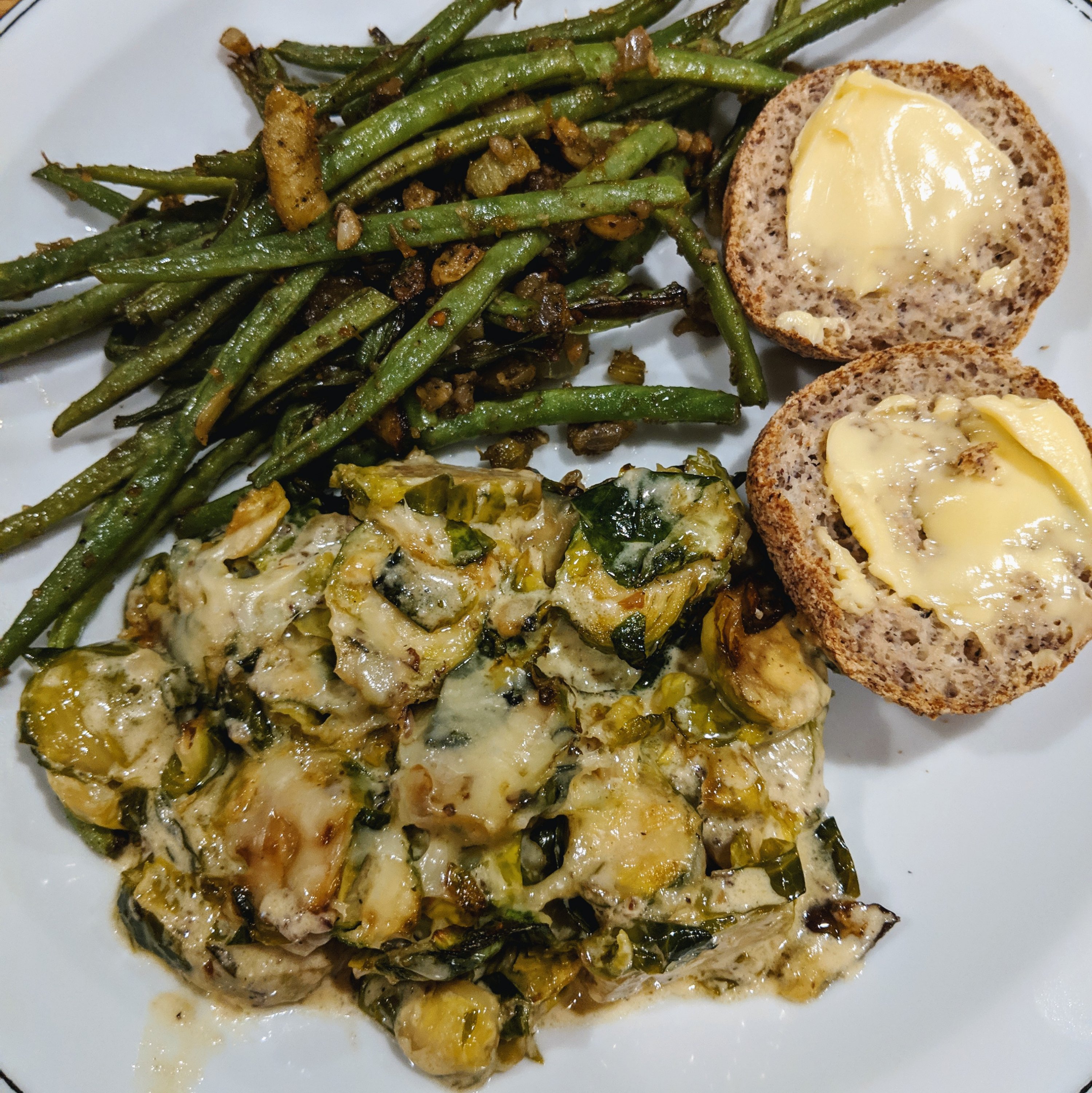 Thanksgiving Dinner: green beans, keto rolls, and Brussels sprouts gratin.